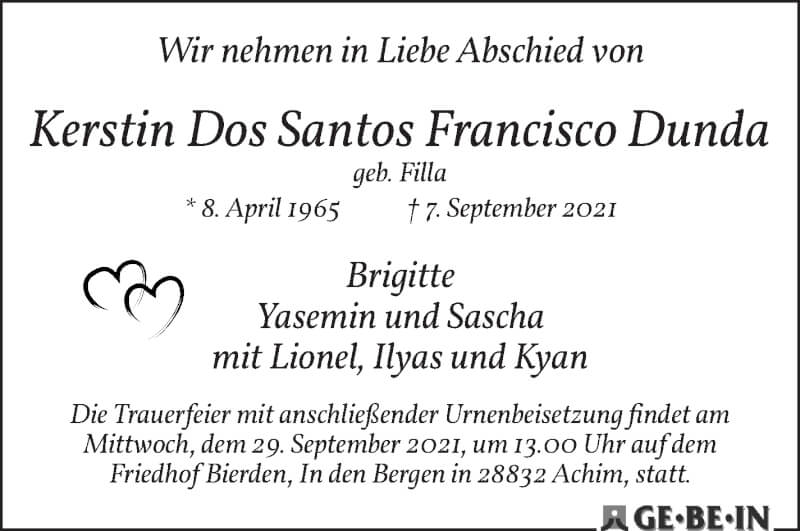 Traueranzeige von Kerstin  Dos Santos Francisco Dunda von WESER-KURIER