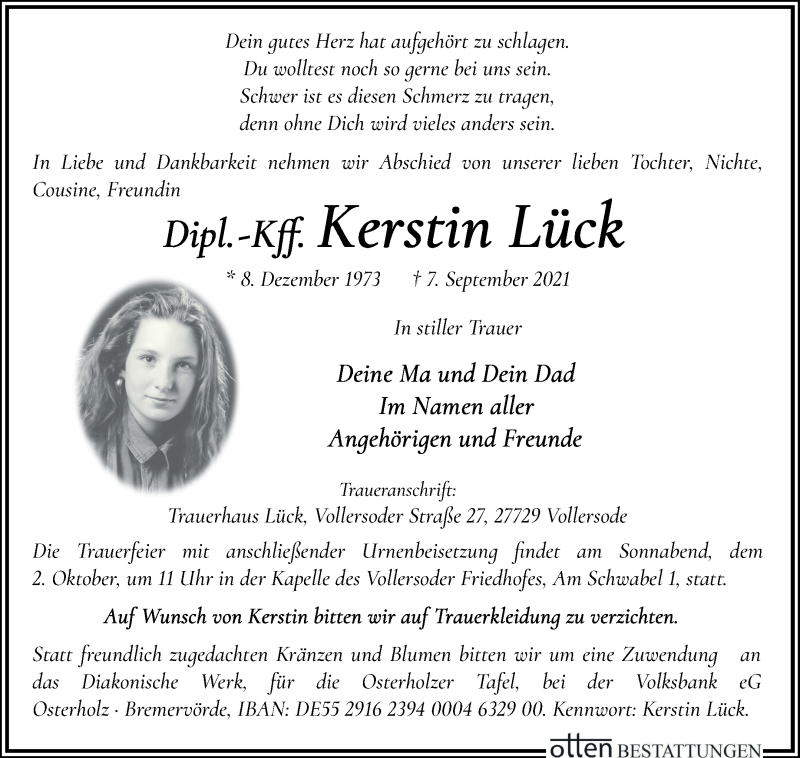 Traueranzeige von Kerstin Lück von Osterholzer Kreisblatt