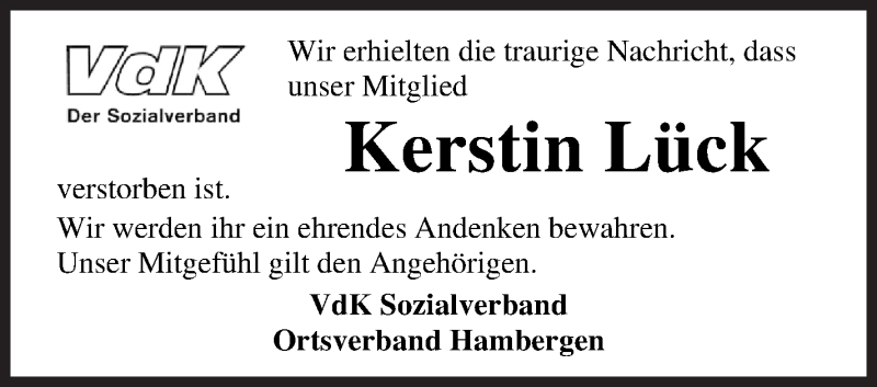 Traueranzeige von Kerstin Lück von Osterholzer Kreisblatt