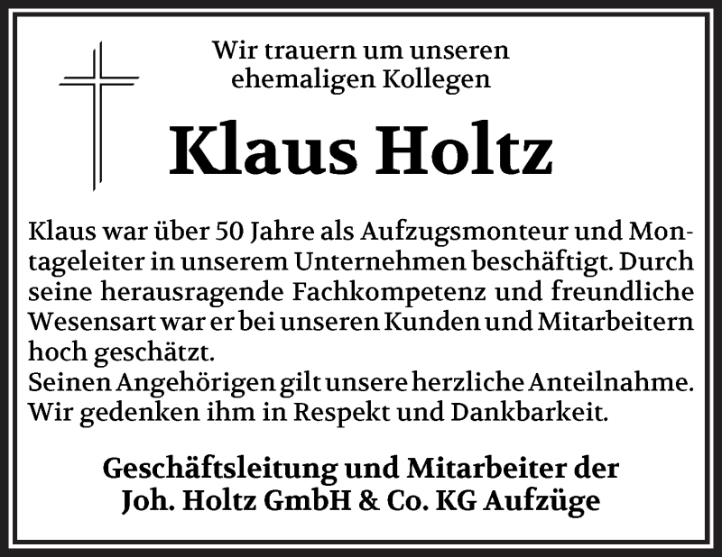 Traueranzeige von Klaus Holtz von WESER-KURIER