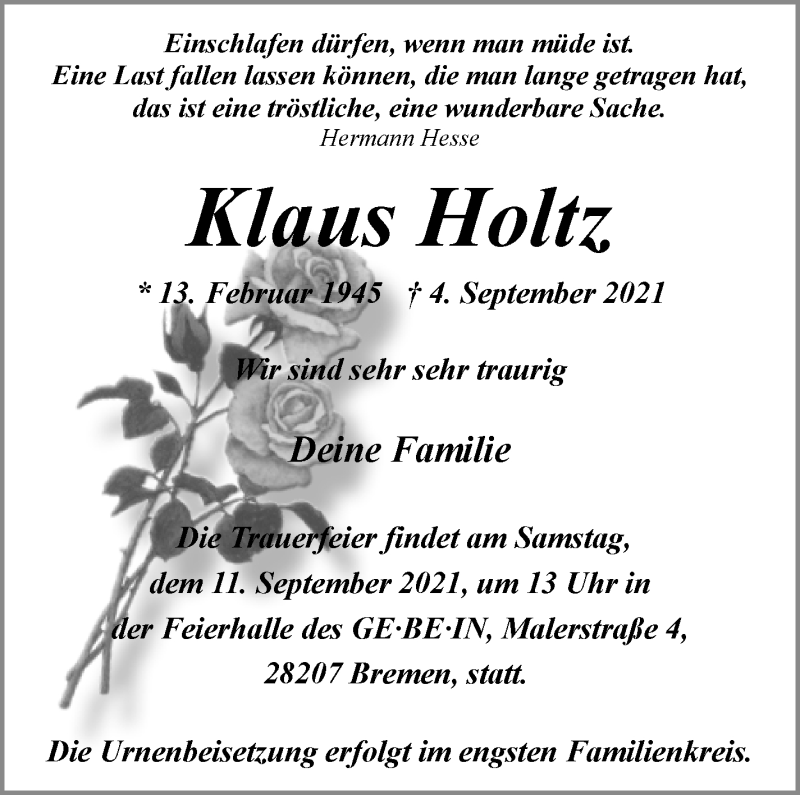 Traueranzeige von Klaus Holtz von WESER-KURIER