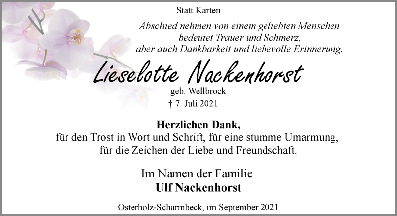 Traueranzeige von Lieselotte Nackenhorst von Wuemme Zeitung