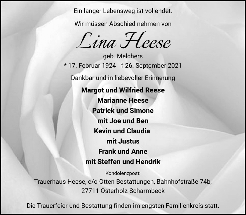 Traueranzeige von Lina Heese von Osterholzer Kreisblatt