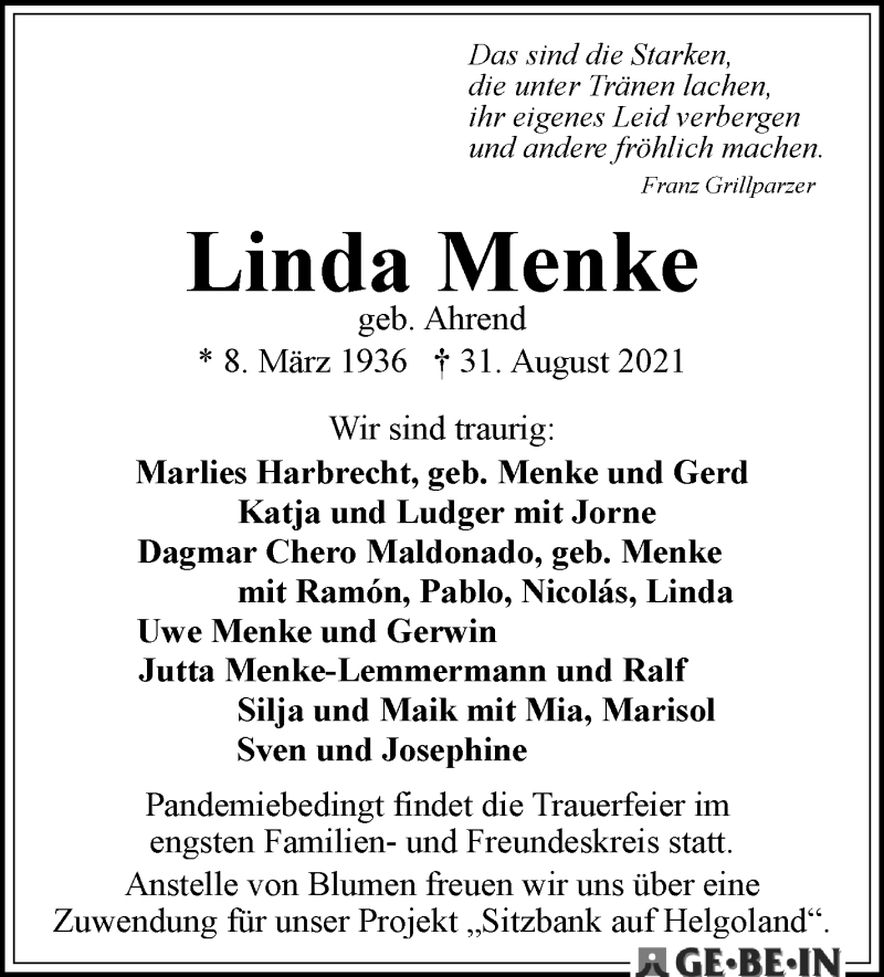 Traueranzeige von Linda Menke von WESER-KURIER