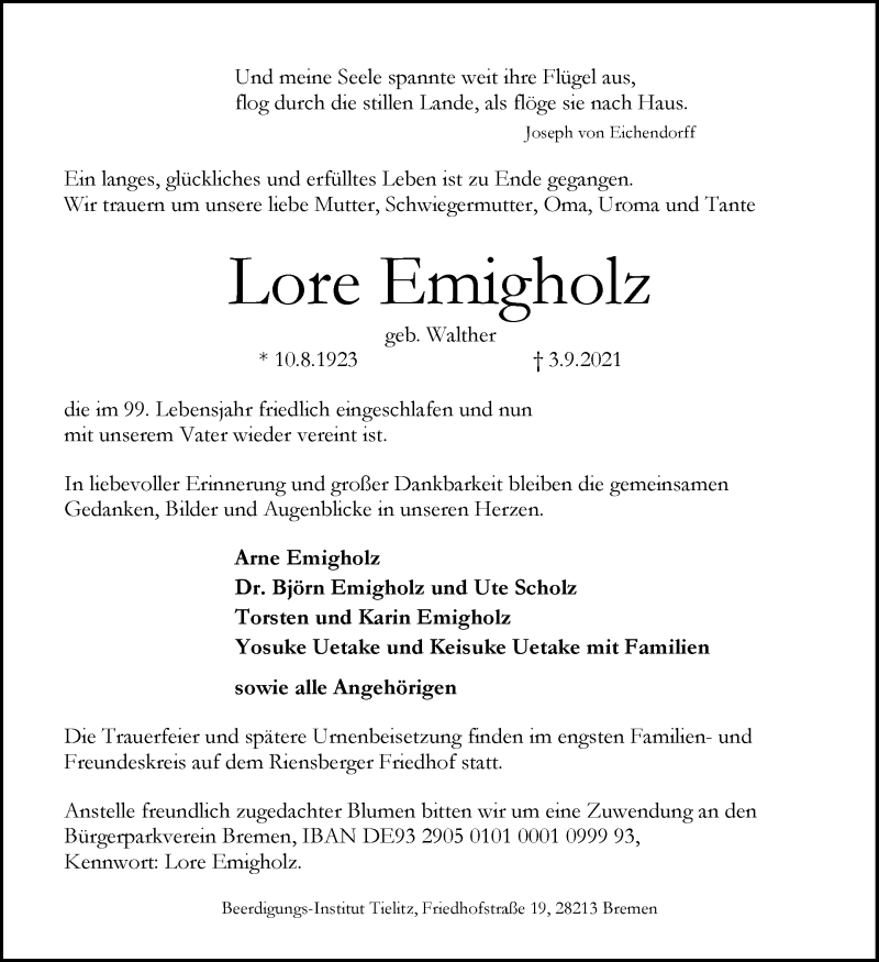 Traueranzeige von Lore Emigholz von WESER-KURIER