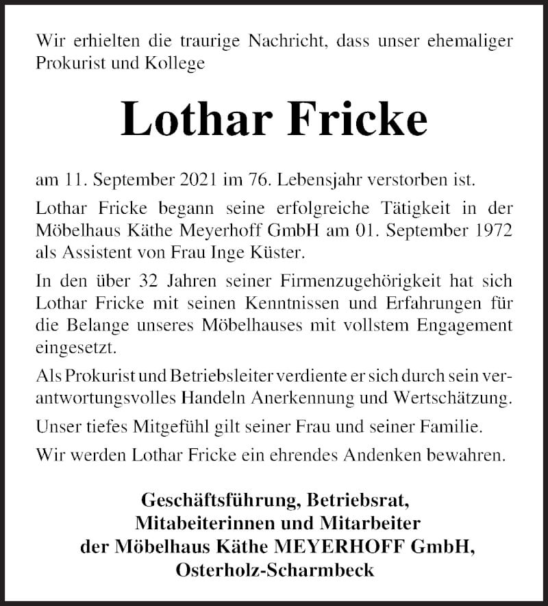 Traueranzeige von Lothar Fricke von Osterholzer Kreisblatt