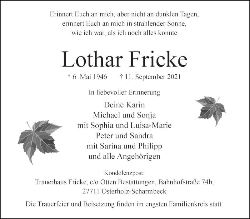 Traueranzeige von Lothar Fricke von Osterholzer Kreisblatt