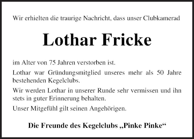 Traueranzeige von Lothar Fricke von Osterholzer Kreisblatt