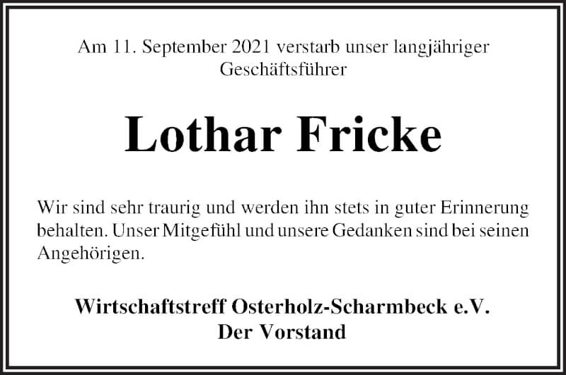 Traueranzeige von Lothar Fricke von Osterholzer Kreisblatt