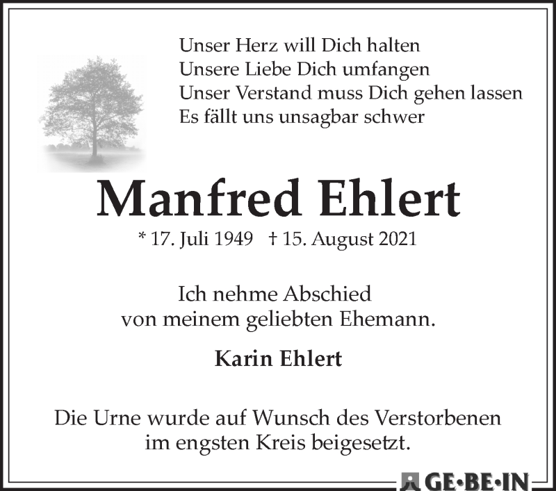 Traueranzeige von Manfred Ehlert von WESER-KURIER