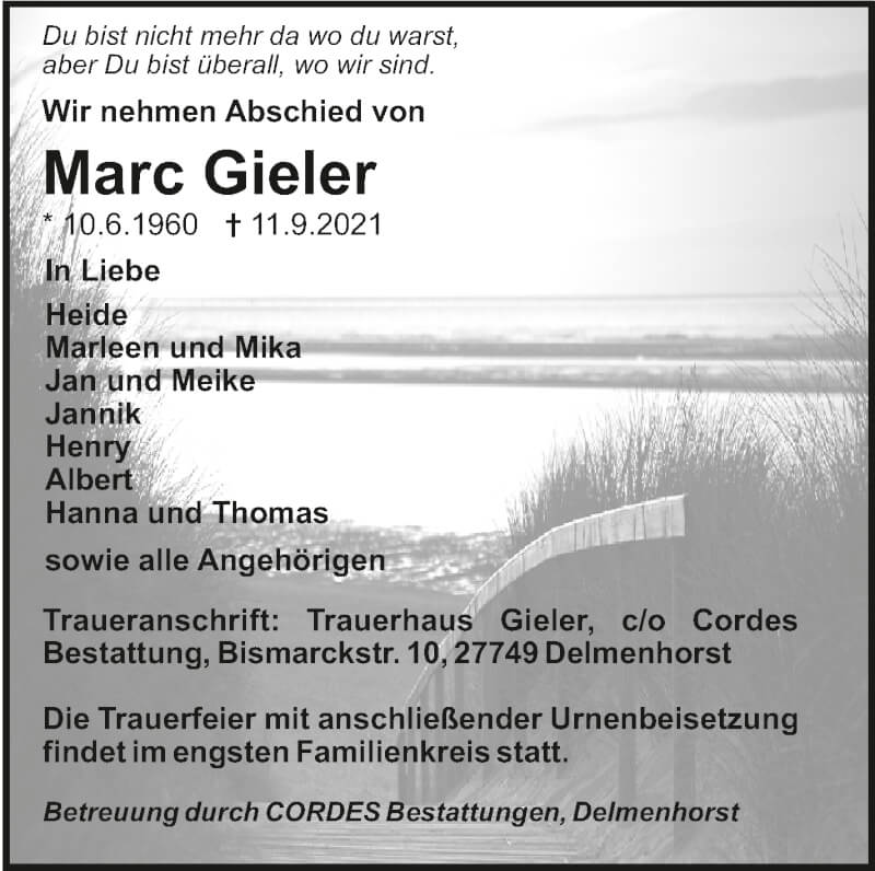 Traueranzeige von Marc Gieler von WESER-KURIER