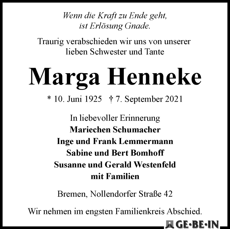 Traueranzeige von Marga Henneke von WESER-KURIER