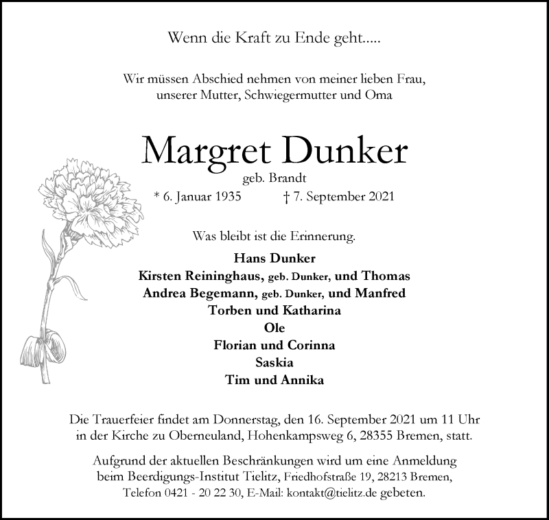 Traueranzeige von Margret Dunker von WESER-KURIER