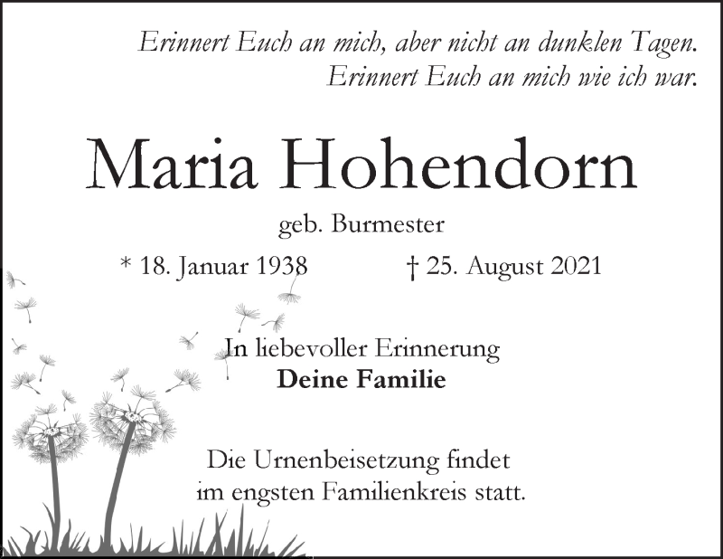 Traueranzeige von Maria Hohendorn von WESER-KURIER