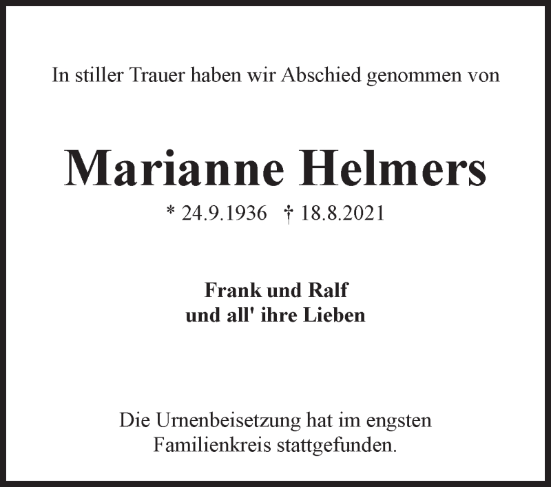 Traueranzeige von Marianne Helmers von WESER-KURIER