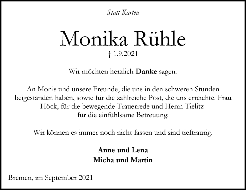 Traueranzeige von Monika Rühle von WESER-KURIER