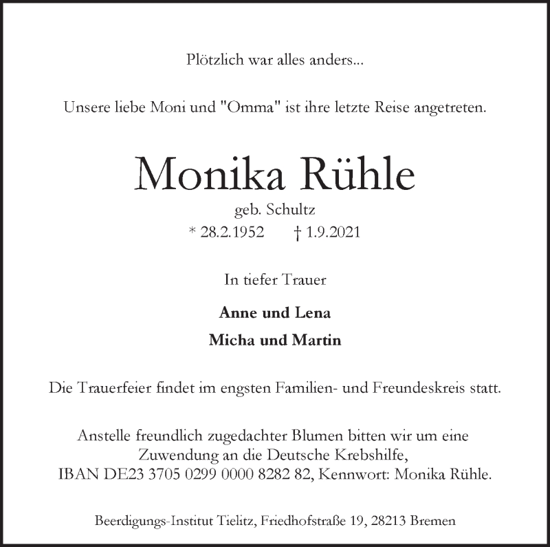 Traueranzeige von Monika Rühle von WESER-KURIER