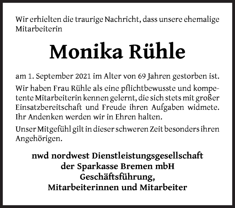 Traueranzeige von Monika Rühle von WESER-KURIER