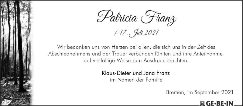 Traueranzeige von Patricia Franz von WESER-KURIER
