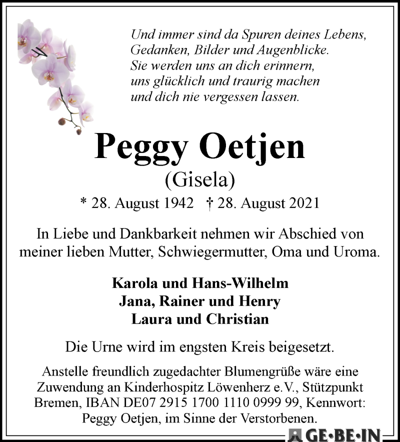 Traueranzeige von Peggy  (Gisela) Oetjen von WESER-KURIER