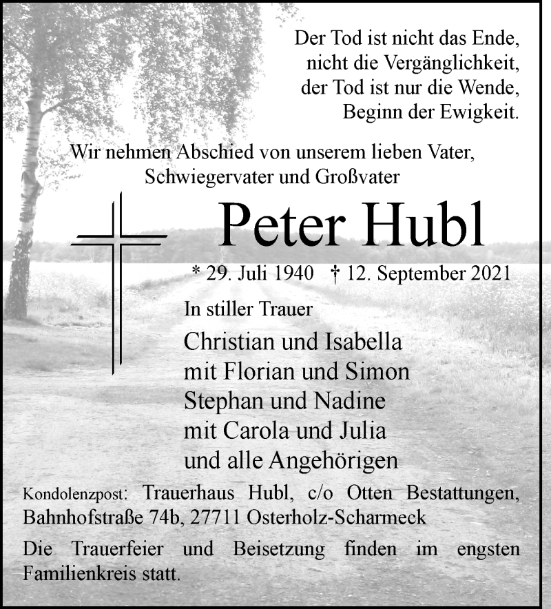 Traueranzeige von Peter Hubl von WESER-KURIER