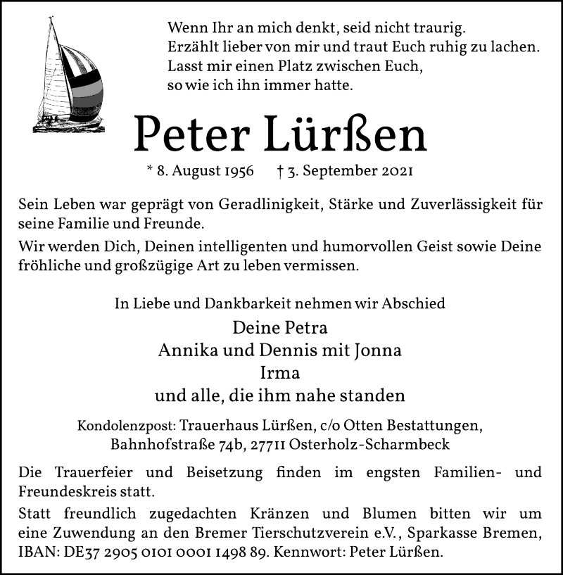 Traueranzeige von Peter Lürßen von Osterholzer Kreisblatt