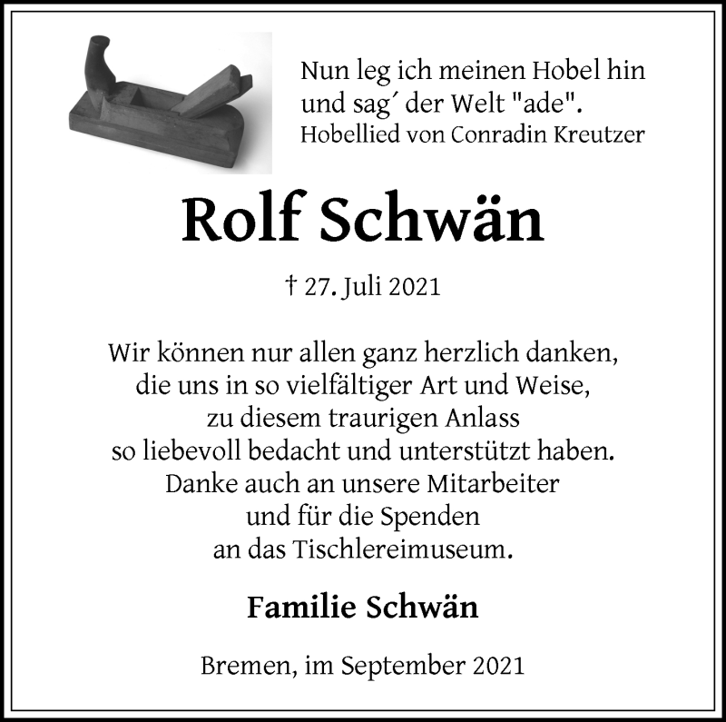 Traueranzeige von Rolf    Schwän von WESER-KURIER