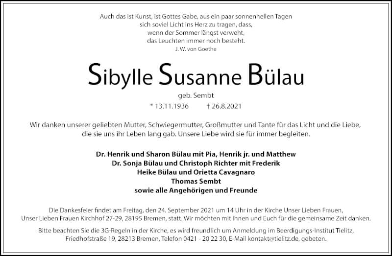 Traueranzeige von Sibylle Susanne Bülau von WESER-KURIER