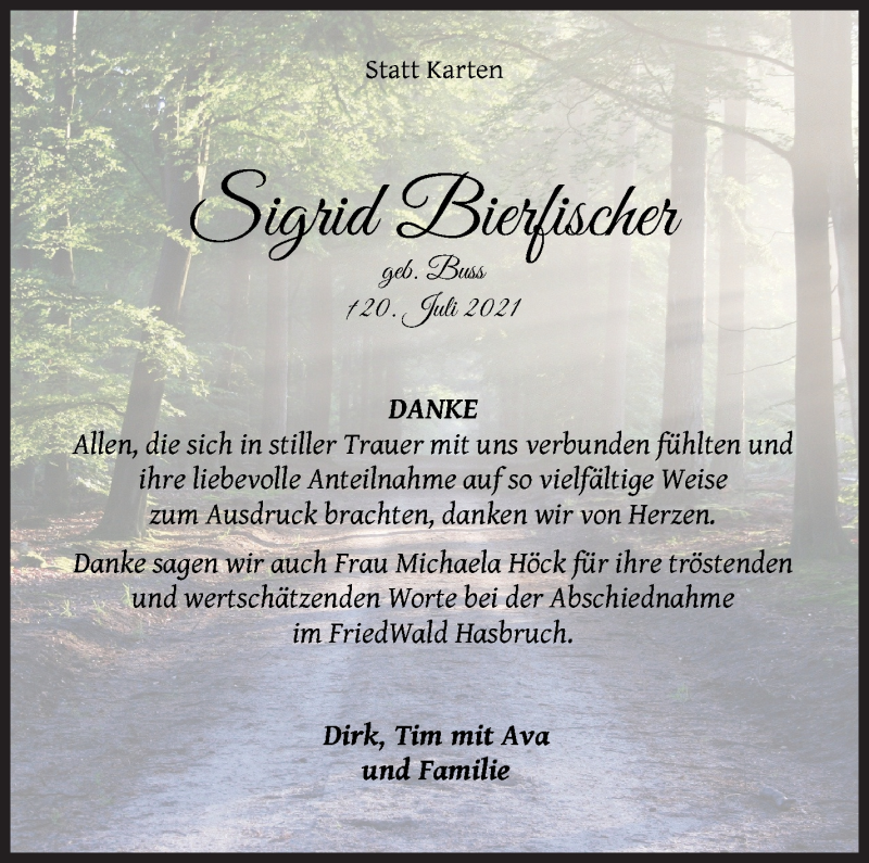 Traueranzeige von Sigrid Bierfischer von WESER-KURIER