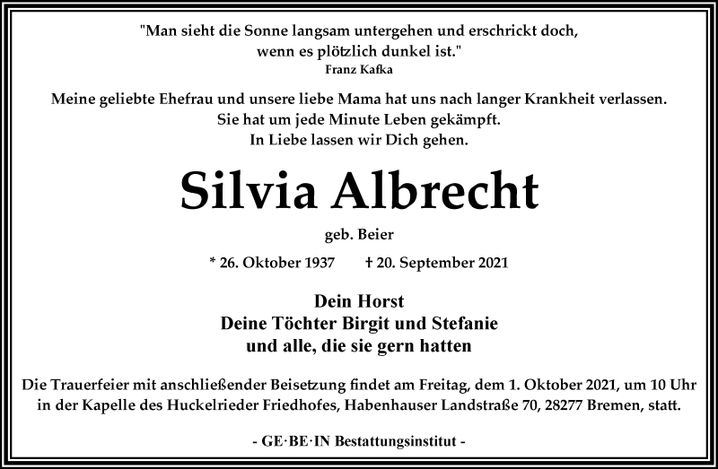 Traueranzeige von Silvia Albrecht von WESER-KURIER