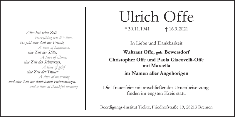 Traueranzeige von Ulrich Offe von WESER-KURIER