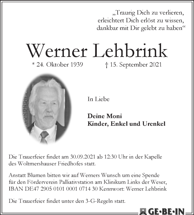 Traueranzeige von Werner Lehbrink von WESER-KURIER