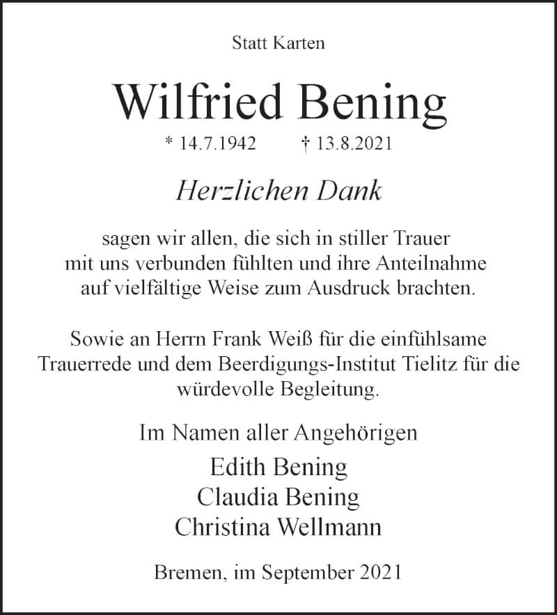 Traueranzeige von Wilfried Bening von WESER-KURIER