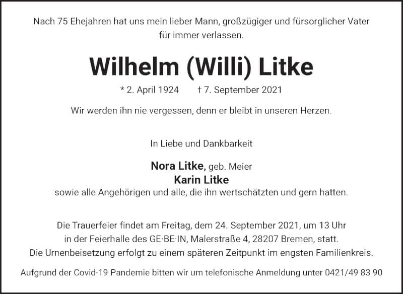 Traueranzeige von Wilhelm Litke von WESER-KURIER