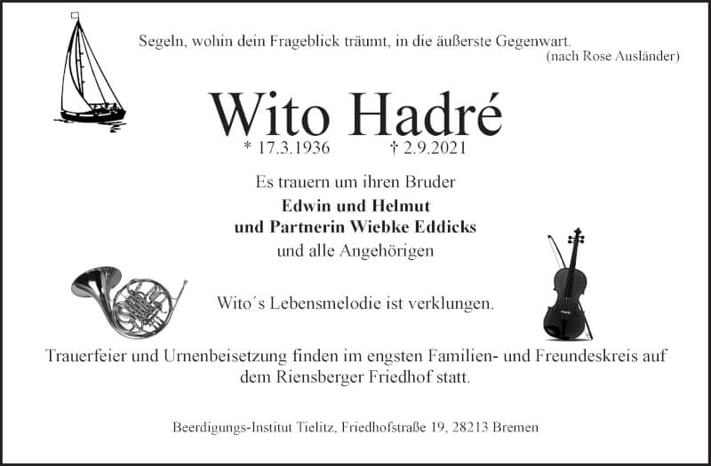 Traueranzeige von Wito Hadré von WESER-KURIER