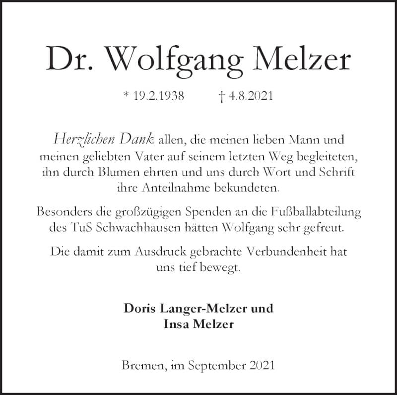 Traueranzeige von Wolfgang Melzer von WESER-KURIER