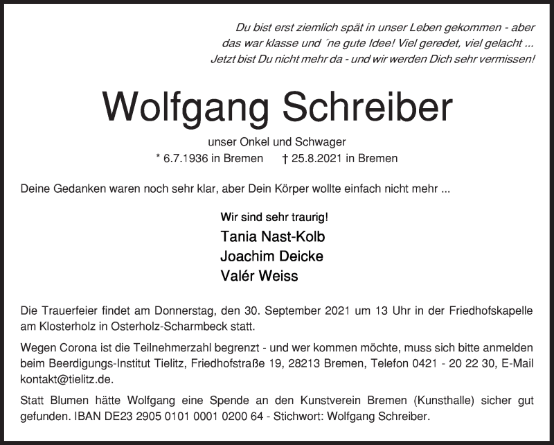 Traueranzeige von Wolfgang Schreiber von WESER-KURIER