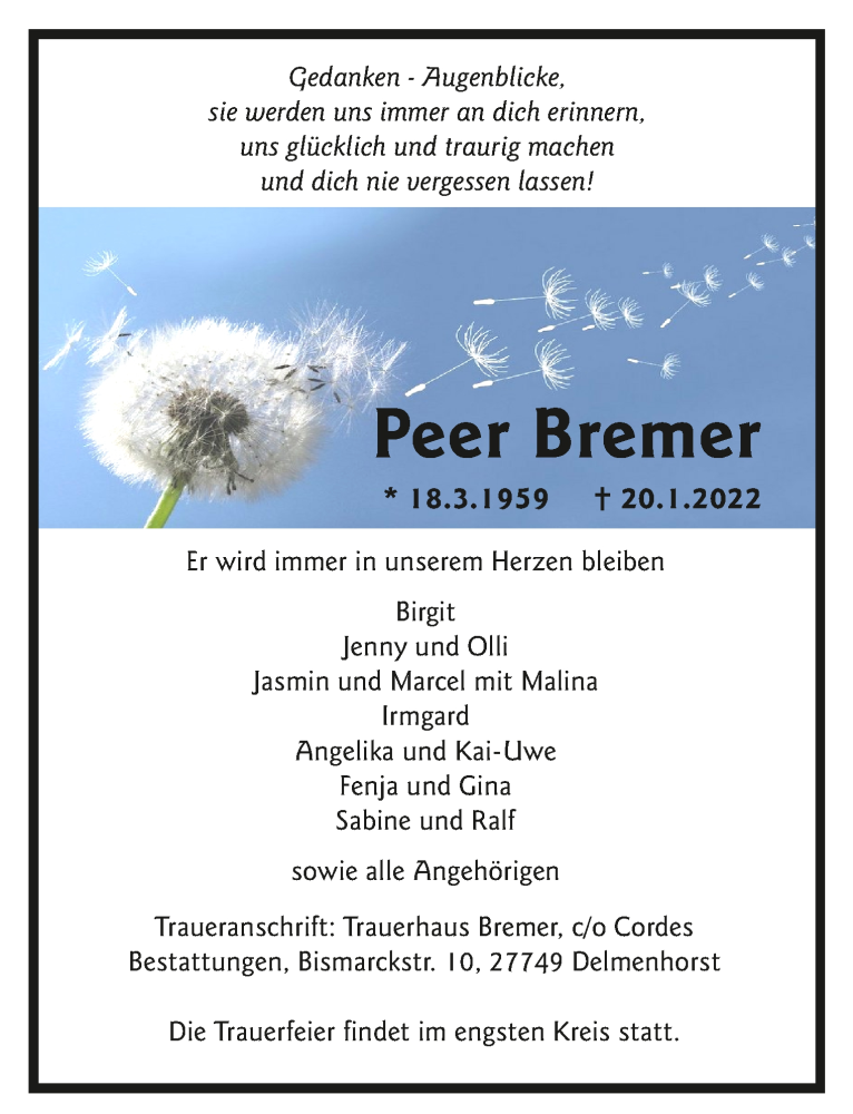 Traueranzeige von Peer Bremer von WESER-KURIER