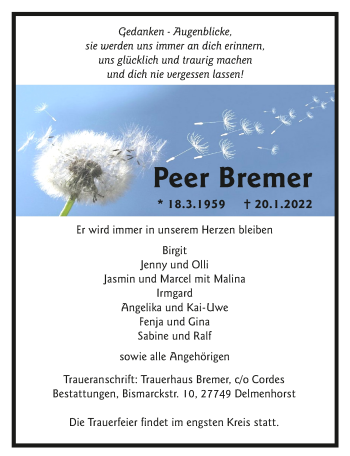 Traueranzeige von Peer Bremer von WESER-KURIER