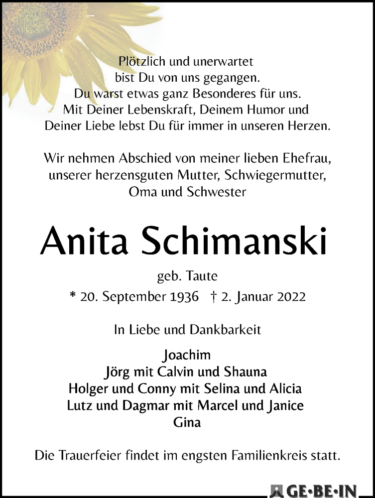 Traueranzeige von Anita Schimanski von WESER-KURIER