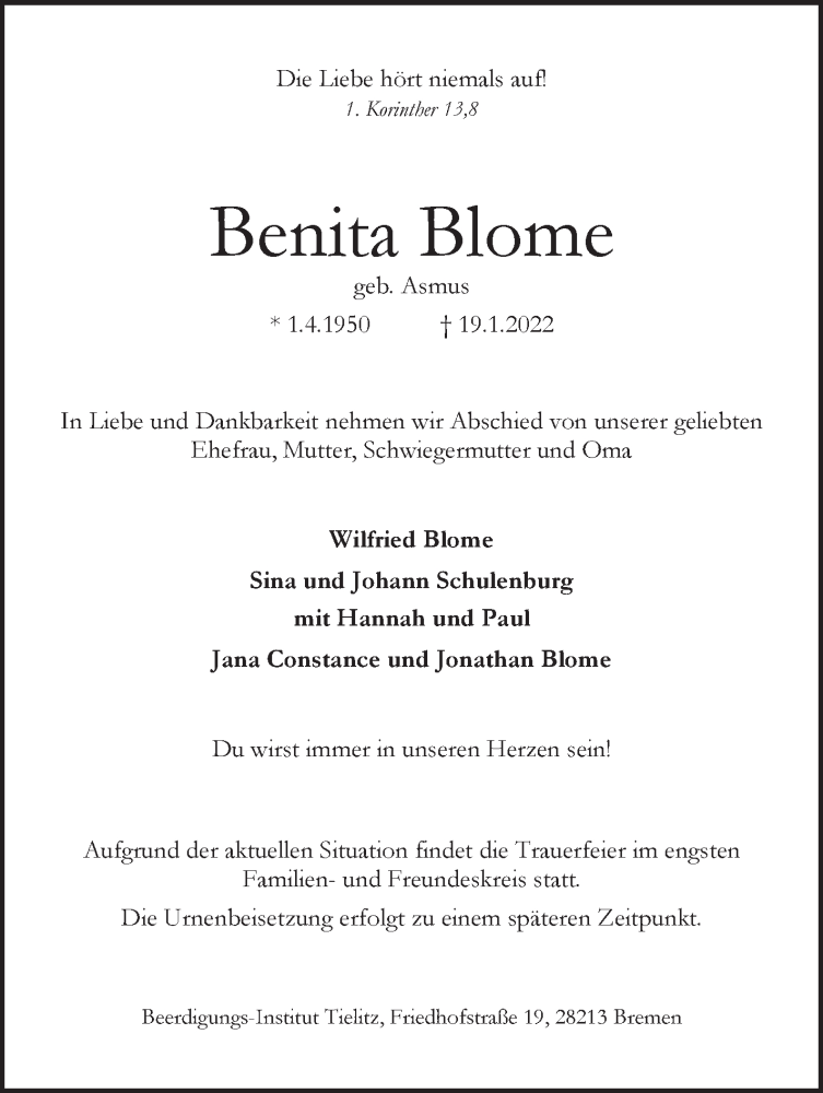 Traueranzeige von Benita Blome von WESER-KURIER