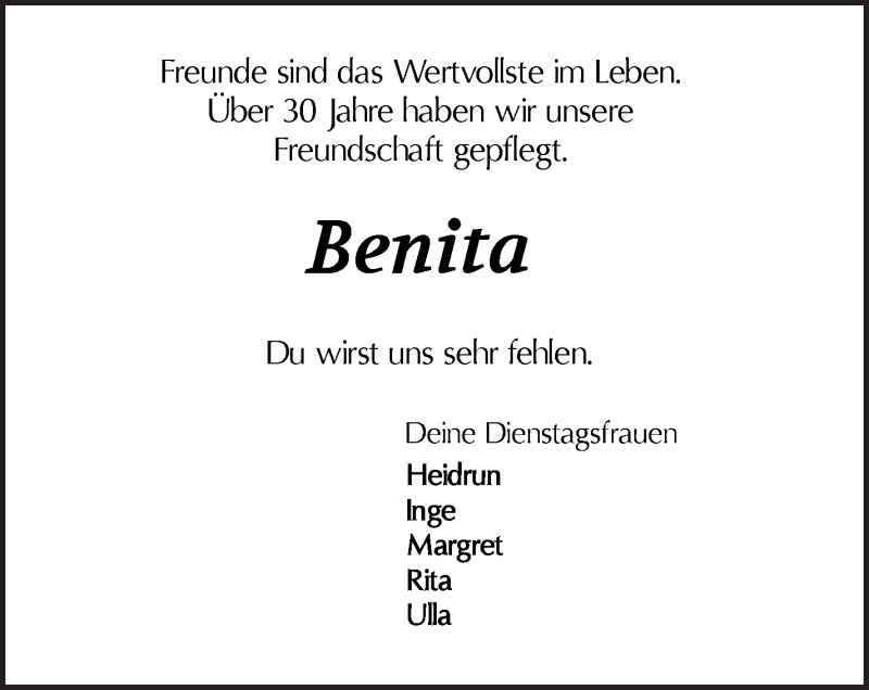 Traueranzeige von Benita Blome von WESER-KURIER