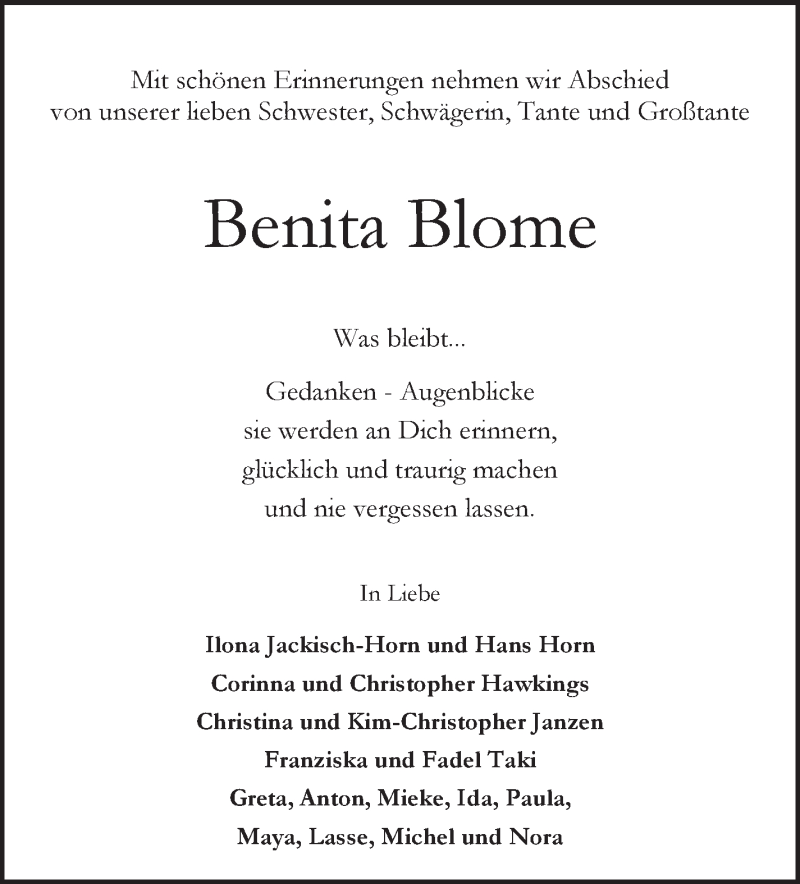 Traueranzeige von Benita Blome von WESER-KURIER