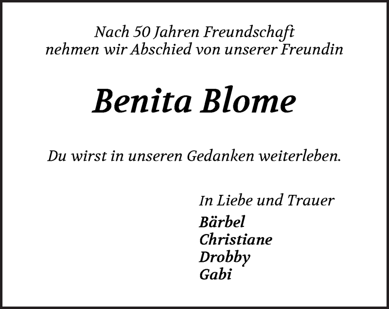 Traueranzeige von Benita Blome von WESER-KURIER