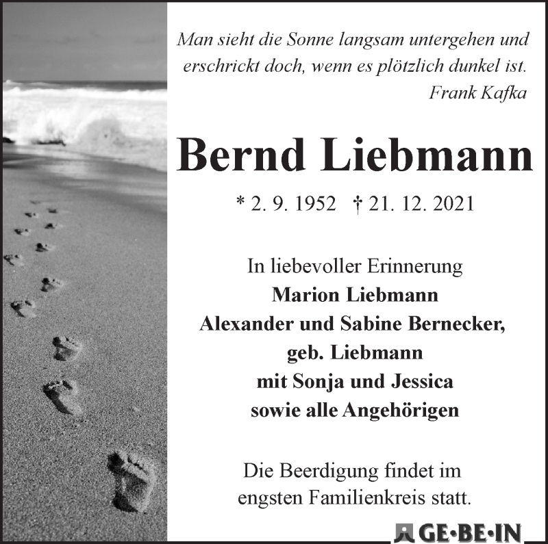 Traueranzeige von Bernd Liebmann von WESER-KURIER