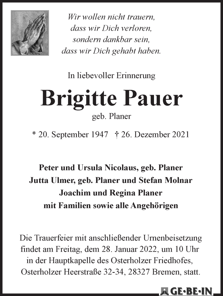 Traueranzeige von Brigitte Pauer von WESER-KURIER