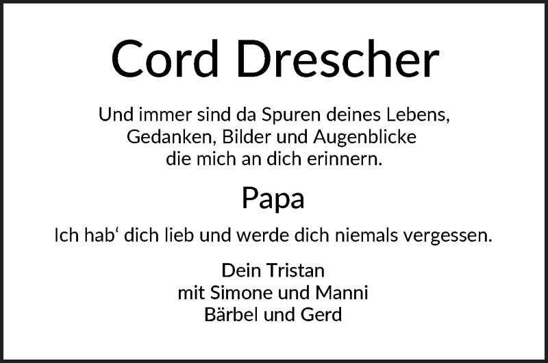 Traueranzeige von Cord Drescher von WESER-KURIER