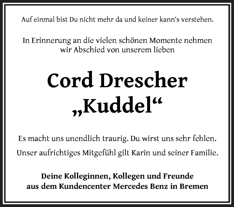 Traueranzeige von Cord Drescher von WESER-KURIER