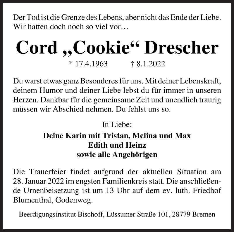 Traueranzeige von Cord Drescher von WESER-KURIER