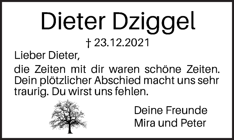 Traueranzeige von Dieter Dziggel von WESER-KURIER